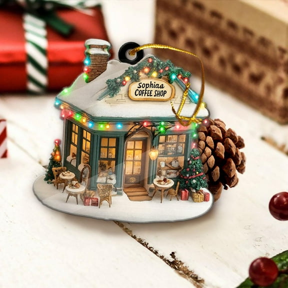 Personalized Coffee Shop Acrylic Christmas Ornament Custom Cafe Name Holiday Tree Decor, Barista Coffee House Keepsake Gift