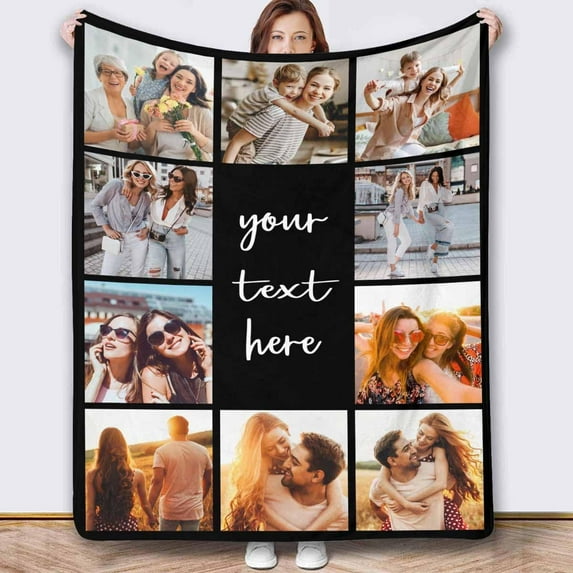 Personalized Collage Throw Blanket with Photo Text, Customized Picture Collage Throw Blanket for Birthday Customized Picture Bed Blanket for Boyfriend Girlfriend Anniversary Blankets