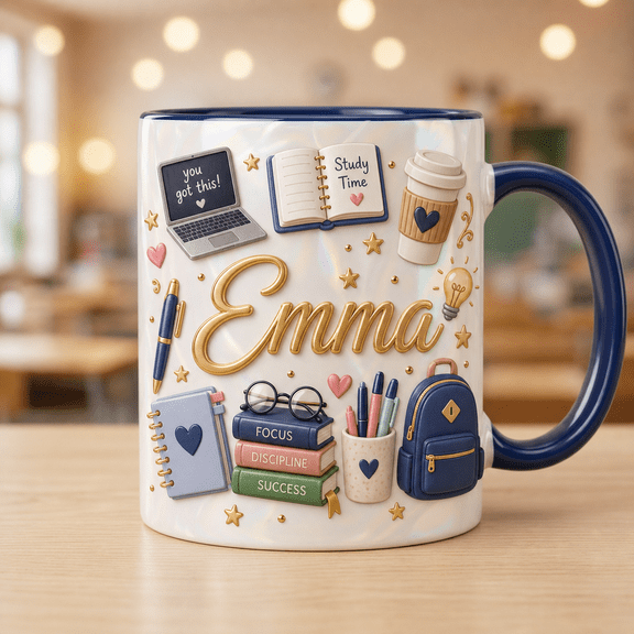 Personalized College Student Mug, Custom Name Pearlescent White Coffee Cup Gift