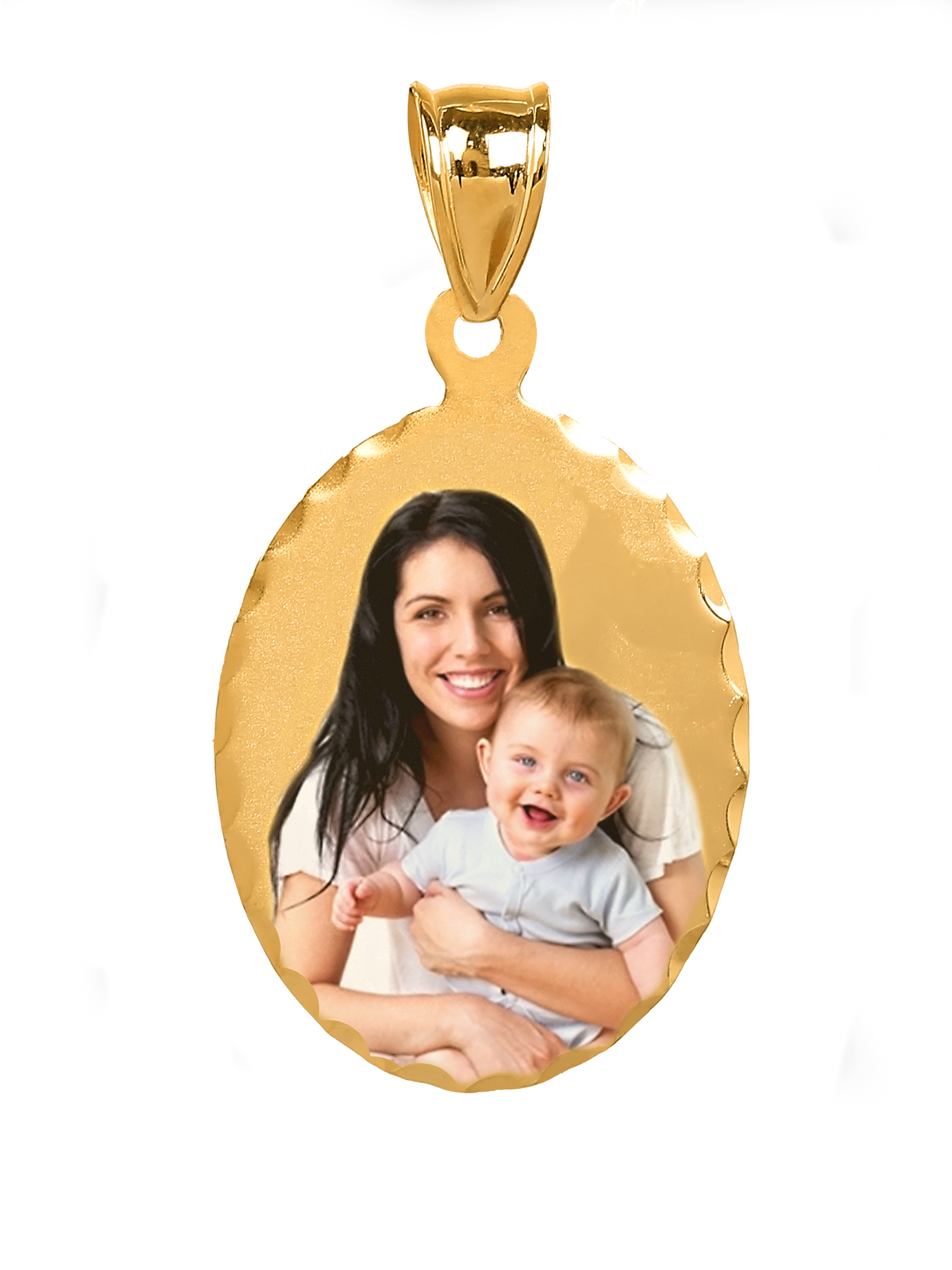 Personalized Color Photo Oval Charm. Diamond Cut Bordered