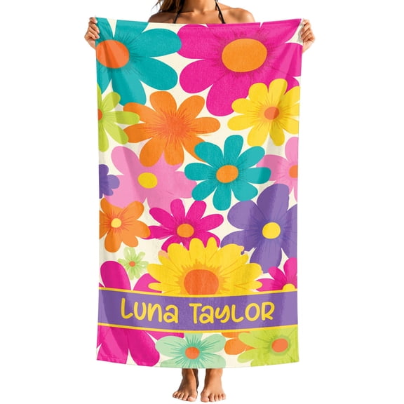 Personalized Colorful Daisy Beach Towel with Custom Name, Quick Dry Pool Towel for Women Girls Vacation