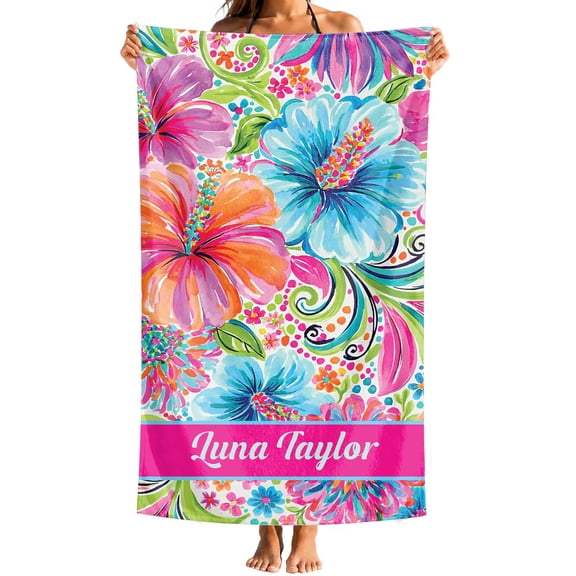 Personalized Colorful Hibiscus Beach Towel with Custom Name, Quick Dry Pool Towel for Women Girls Vacation