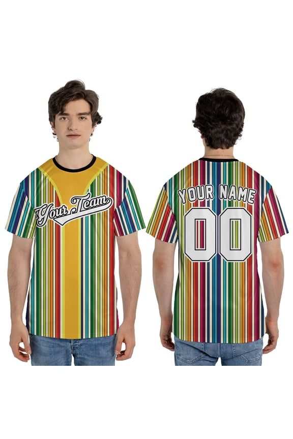 Personalized Colorful Striped Vertical Pattern Tee, Custom Name and Number Pride Month Tee, Personalized Retro Sport Tee