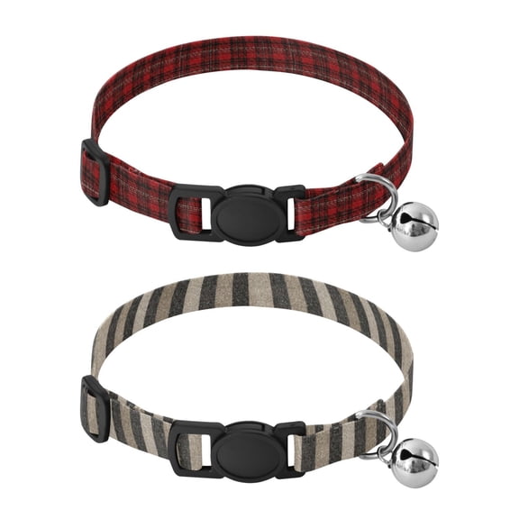 Personalized Comfortable Soft Pet Collar With Bell Design For Dogs Cats Black Red Tartan Plaid Pattern Beige & Black