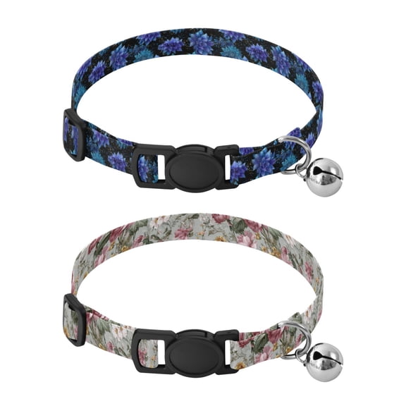 Personalized Comfortable Soft Pet Collar With Bell Design For Dogs Cats Blue Bellflowers Roses Blooming