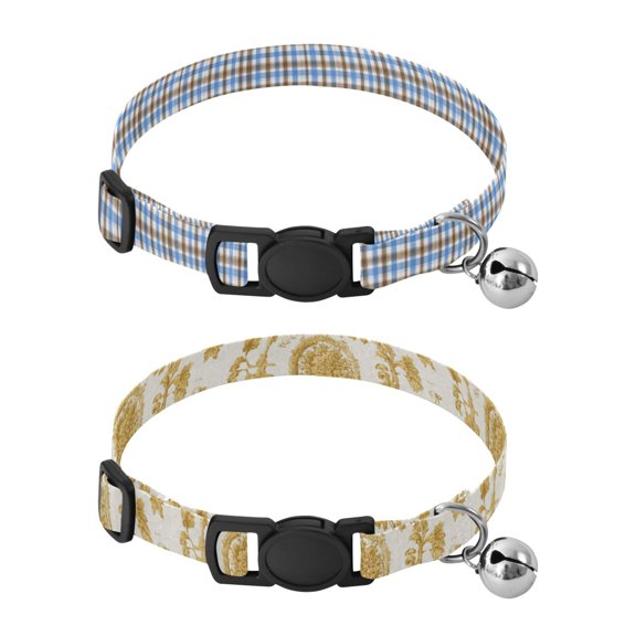 Personalized Comfortable Soft Pet Collar With Bell Design For Dogs Cats High Resolution Blue Brown Gold Leaf Motifs