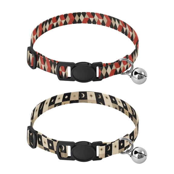 Personalized Comfortable Soft Pet Collar With Bell Design For Dogs Cats Red Beige Black Harlequin Pattern Moons Stars Checkered Squares