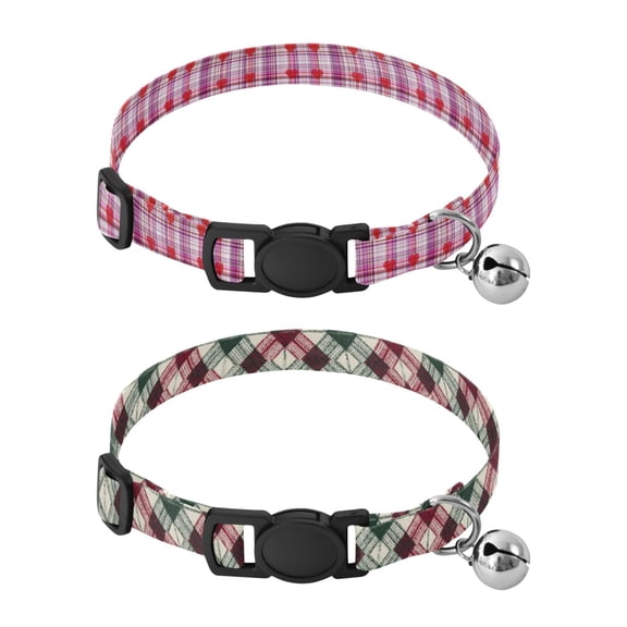 Personalized Comfortable Soft Pet Collar With Bell Design For Dogs Cats Valentine's Day Plaid Pattern with Hearts Traditional Tartan Plaid