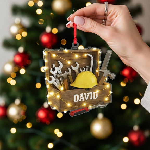 Personalized Construction Worker Acrylic Christmas Ornament with Tools & Hard Hat Custom Name Builder/Handyman Holiday Tree Decor, Trades Keepsake