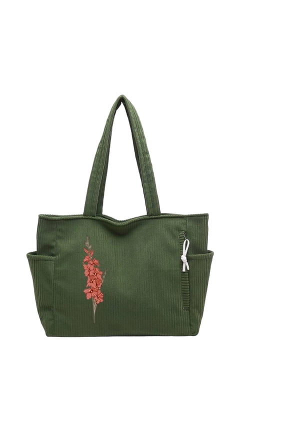 Personalized Corduroy Tote Bag Custom Name and Birth Flower 4 Color Options Shoulder Bag with Inner Pockets for Work Beach Travel Shopping and Grocery Carry