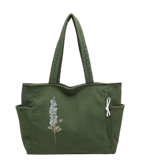 Personalized Corduroy Tote Bag Custom Name and Birth Flower 4 Color Options Shoulder Bag with Inner Pockets for Work Beach Travel Shopping and Grocery Carry