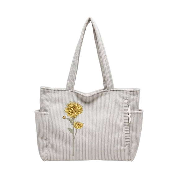 Personalized Corduroy Tote Bag for Women | 4 Colors Custom Birth Flower & Name on Cute Corduroy Shoulder Bag with Pockets for Mother's Day Graduation Nurse Week Birthday Gift for Women | Customizable