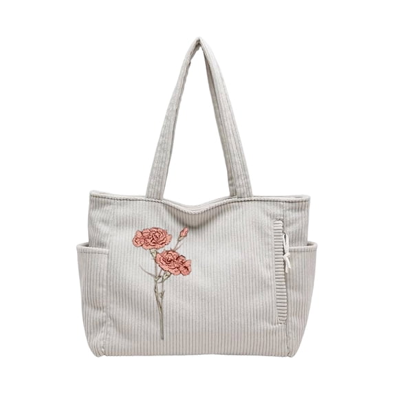 Personalized Corduroy Tote Bag for Women | 4 Colors Custom Birth Flower & Name on Cute Corduroy Shoulder Bag with Pockets for Mother's Day Graduation Nurse Week Birthday Gift for Women | Customizable