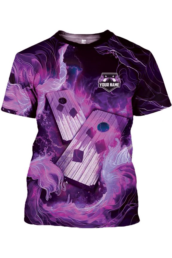 Personalized Cornhole Shirts 3D Over Print for Men & Women, Funny Cornhole Player Toss Sports T-Shirt for Team (Purple, S)