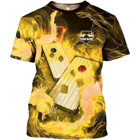Personalized Cornhole Shirts 3D Over Print for Men & Women, Funny Cornhole Player Toss Sports T-Shirt for Team (Yellow, S)