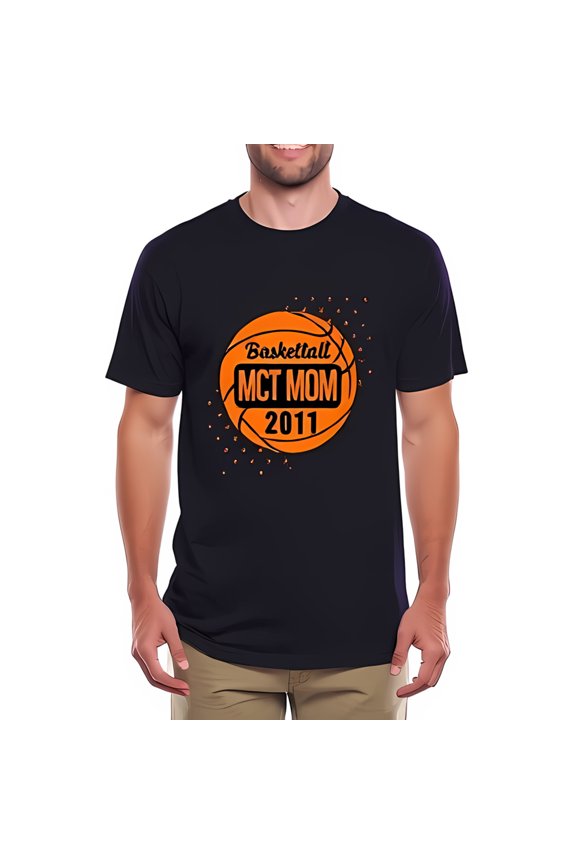 Personalized Cotton Short Sleeve T-Shirt with Vibrant Orange Basketball Graphic & " Basketball MCT MOM 2011 " Text