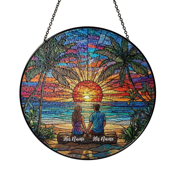 Personalized Couple Beach Sunset Suncatcher, Romantic Window Hanging, Tropical Palm Tree Window Decor