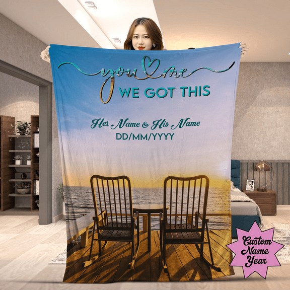 Personalized Couple Blanket – “You & Me We Got This” Custom Name & Date Throw, Romantic Beach Sunset Design, Anniversary Wedding Gift- Sherpa-50x60
