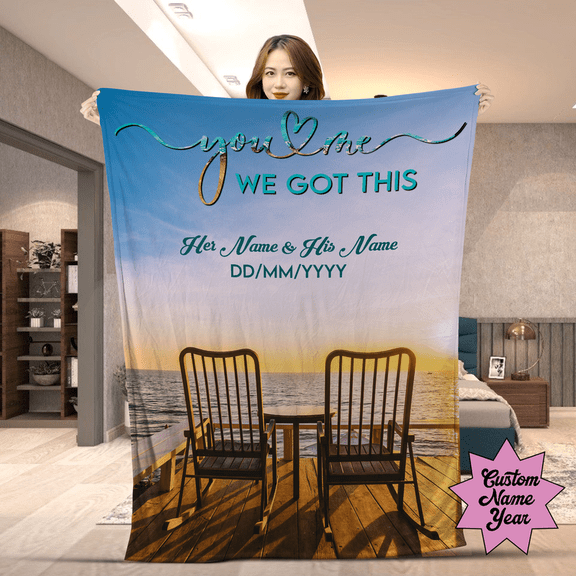 Personalized Couple Blanket – “You & Me We Got This” Custom Name & Date Throw, Romantic Beach Sunset Design, Anniversary Wedding Gift- Sherpa-60x80