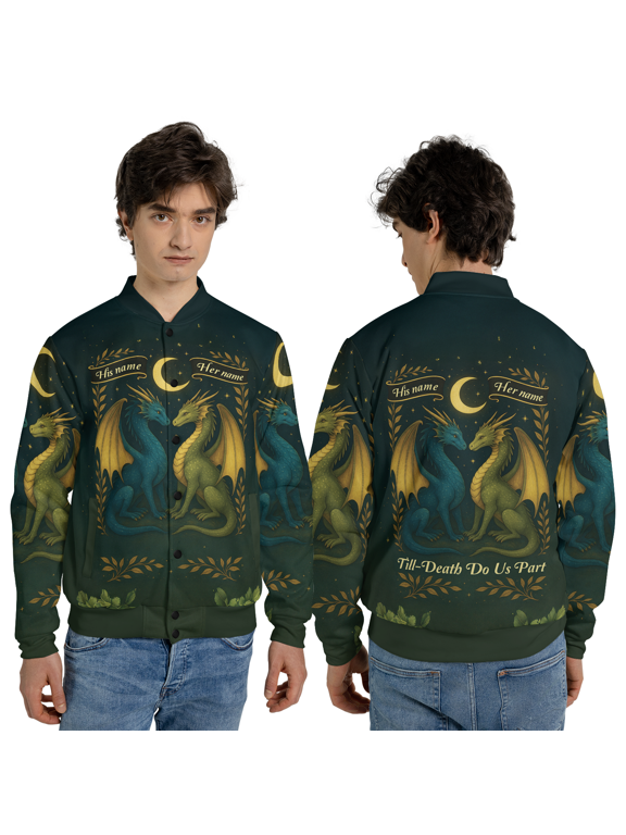 Personalized Couple Dragon Jacket, His & Her Name Custom Apparel, Fantasy Dragon Love Graphic Baseball Jacket