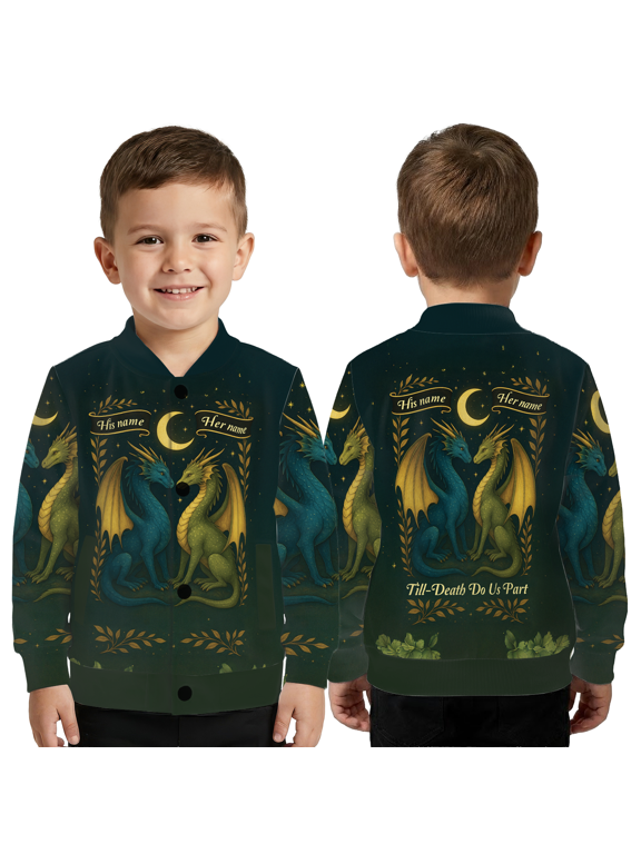 Personalized Couple Dragon Jacket, His & Her Name Custom Apparel, Fantasy Dragon Love Graphic Baseball Jacket