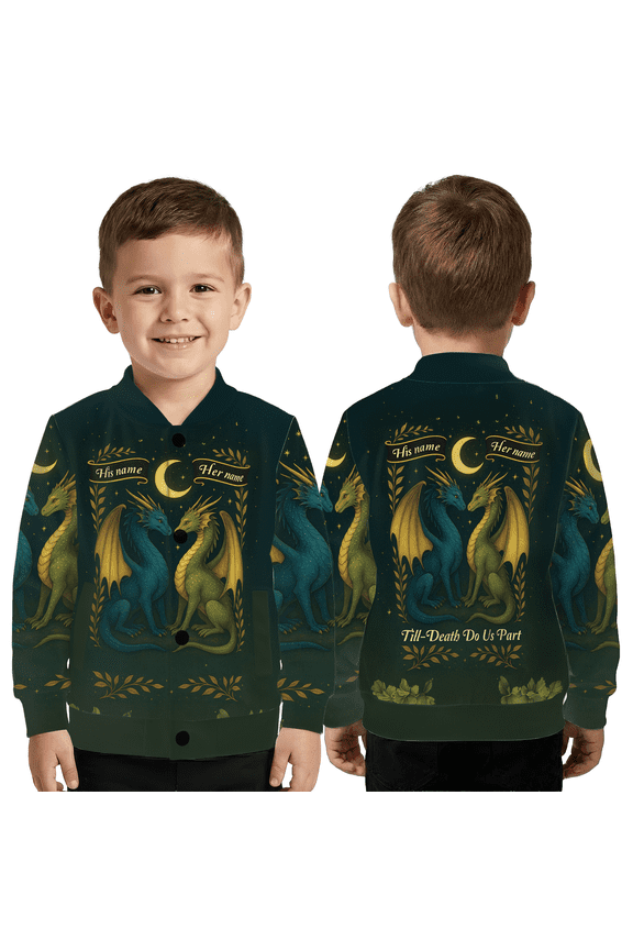 Personalized Couple Dragon Jacket, His & Her Name Custom Apparel, Fantasy Dragon Love Graphic Baseball Jacket