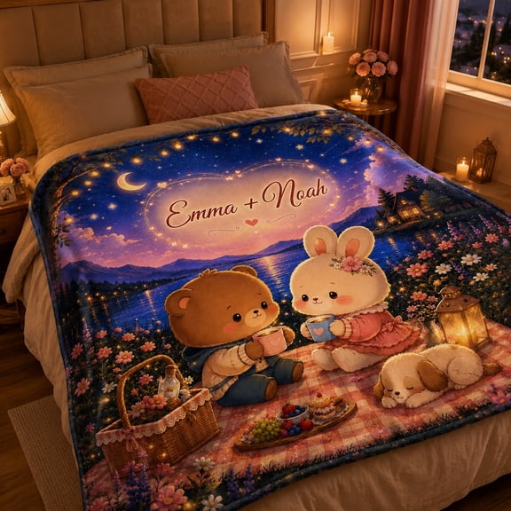 Personalized Couple Fleece Blanket, 280 GSM Polyester Fleece Throw, Custom Name Romantic Blanket, 3D Print, 4 Sizes