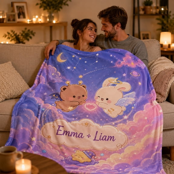 Personalized Couple Fleece Blanket Custom Name Kawaii Bear Bunny Angel Devil Galaxy Sky 280GSM Soft Throw Gift