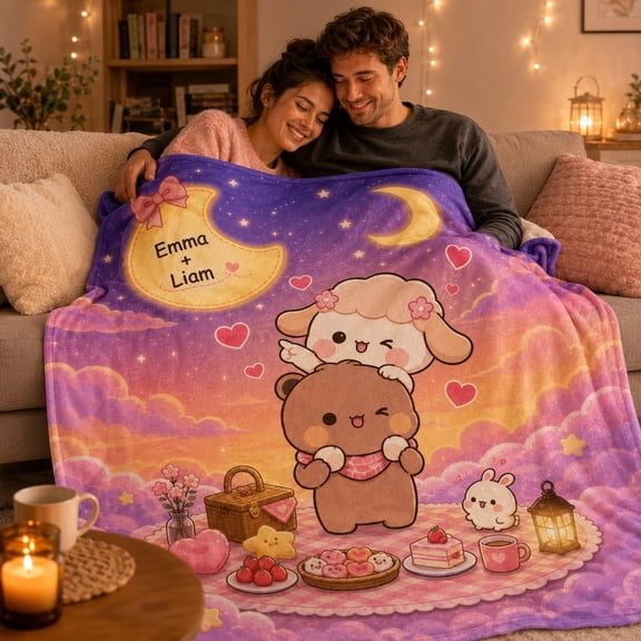 Personalized Couple Fleece Blanket Custom Names Kawaii Bear Bunny Love Gift 280GSM Soft Throw