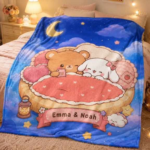 Personalized Couple Fleece Blanket, Cute Custom Name Throw Blanket, 280 GSM Polyester Fleece, 4 Sizes, US Made & Shipped