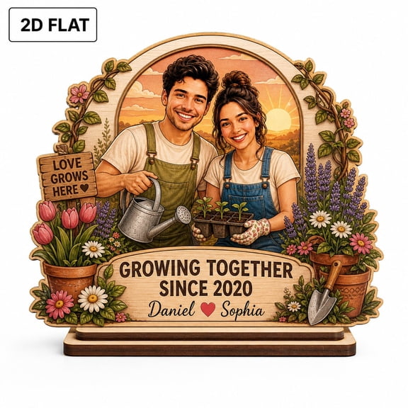 Personalized Couple Garden Gnome Wooden Block, Custom Photo Plaque, Planting Together Keepsake, Anniversary Gift for Her Him