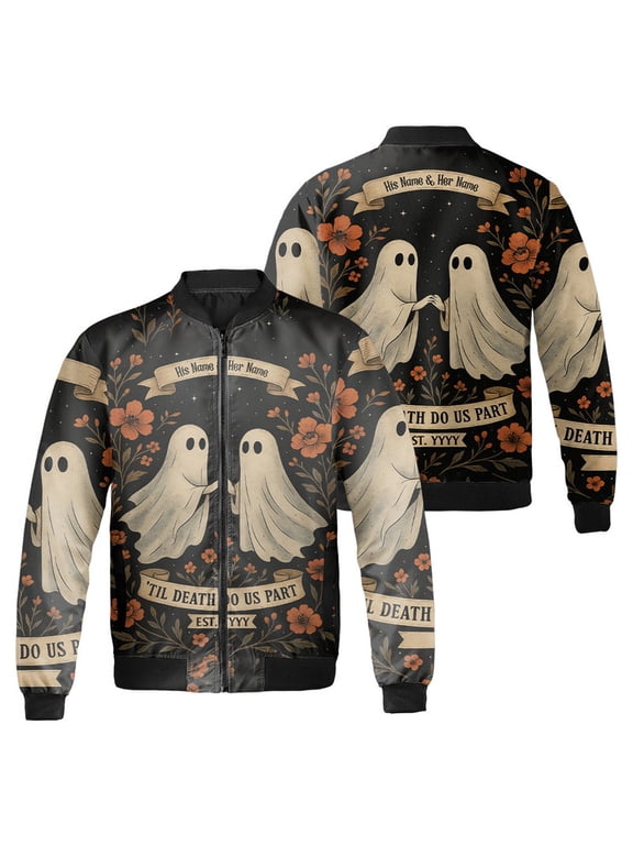 Personalized Couple Ghost Bomber Jacket – Custom Halloween Jacket, Vintage Floral Ghost Lovers, “Til Death Do Us Part” Unisex Jacket
