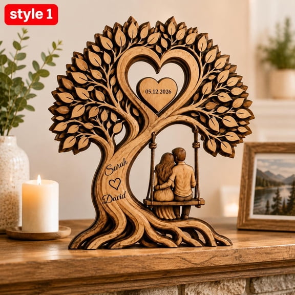 Personalized Couple Heart Tree Wooden Block, Custom Anniversary Gift, Wedding Keepsake, Romantic Couple Gift, 2D Flat Decor