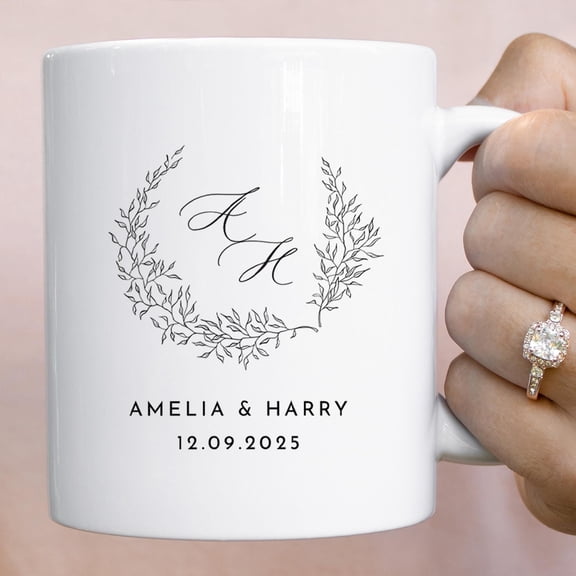 Personalized Couple Initials Mug, Wedding Date, Wreath Design, Engagement Gift