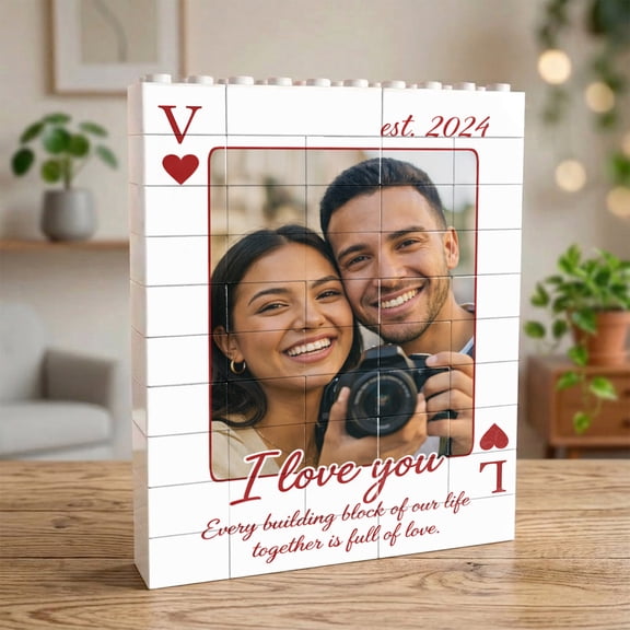 Personalized Couple Photo Building Block Plaque with Custom Date and Message, Romantic Keepsake Display Gift for Him Her