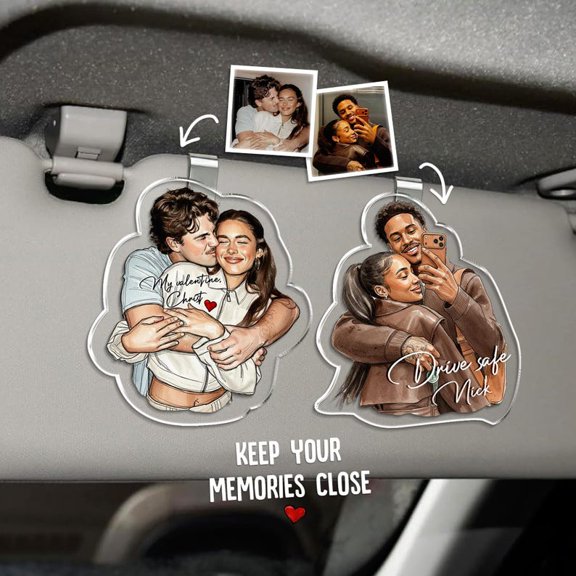 Personalized Couple Photo Car Visor Clip, Custom Watercolor Portrait From Photo Couple Car Ornament, Valentine Gifts for Him