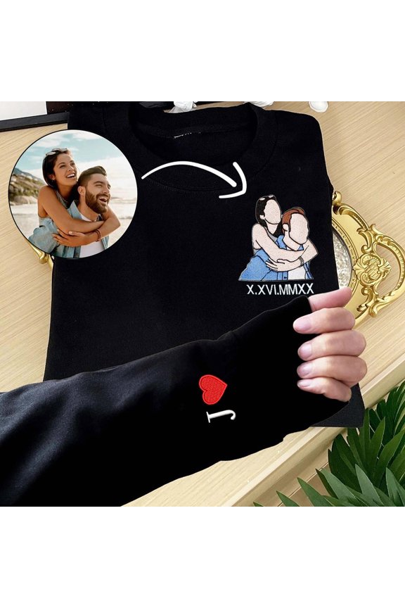 Personalized Couple Photo Embroidered Sweatshirt With Roman Numeral Dates Perfect Anniversary Gift