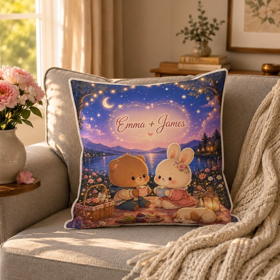Personalized Couple Pillow Cover – Custom Names Bear & Bunny Romantic Design, 1-Side Print, 3 Sizes Available