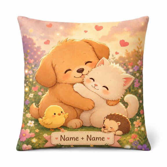 Personalized Couple Pillow Cover Cute Animal Hug Design Custom Names Gift 18x18 20x20 24x24