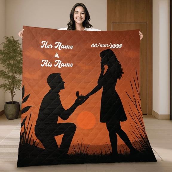 Personalized Couple Proposal Quilt Blanket – Custom Name & Date Romantic Engagement Quilt - Blanket Gift for Couples, Sunset Love Bedroom Decor