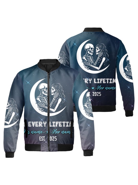 Personalized Couple Skeleton Bomber Jacket - In Every Lifetime Custom Coat - Gothic Moon Love Outfit - Matching Halloween Gift for Him and Her Outerwear