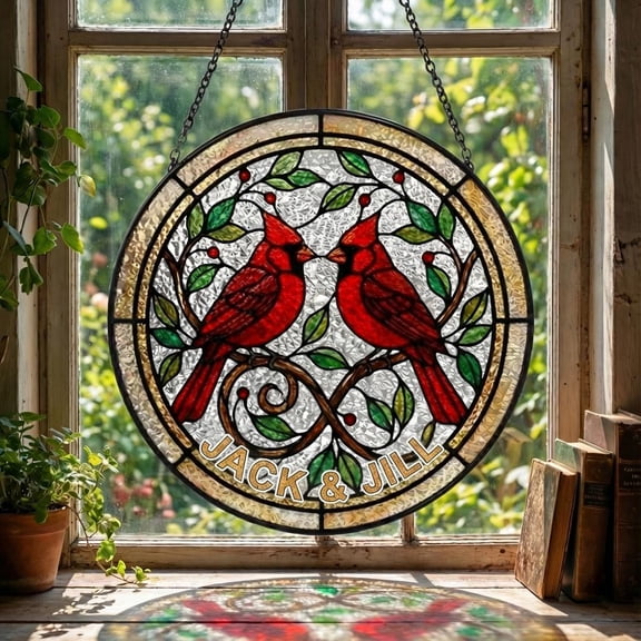 Personalized Couple Stained Glass Suncatcher – Custom Cardinal Love Birds Window Hanging – Wedding Anniversary Gift