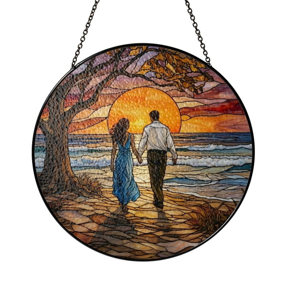 Personalized Couple Suncatcher, Custom Names Beach Sunset Stained Glass Window Hanging, Gift for Her Him