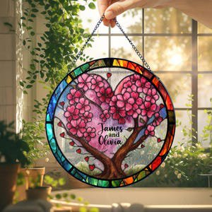 Personalized Couple Tree Heart Glass Suncatcher, Custom Name Window Hanging Gift Anniversary, Wedding or Valentine's Day, 3.5 in