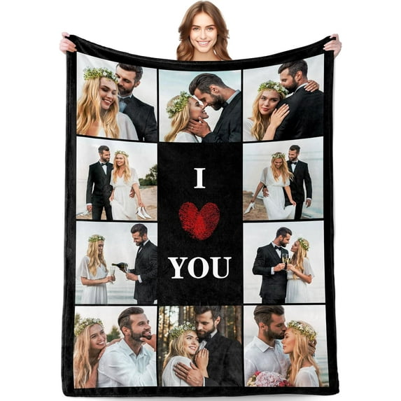 Personalized Couples Gifts for Boyfriend Girlfriend Wife Husband, I Love You Valentines Day Gifts for Him Her, Custom Photos Blanket with Text, Customized Birthday Anniversary Wedding Gifts