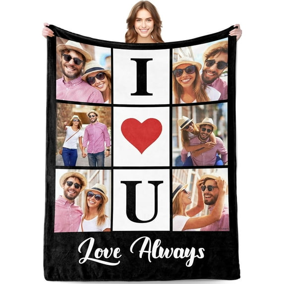 Personalized Couples Gifts for Boyfriend Girlfriend Wife Husband, I Love You Valentines Day Gifts for Him Her, Custom Photos Blanket with Text, Customized Birthday Anniversary Wedding Gifts