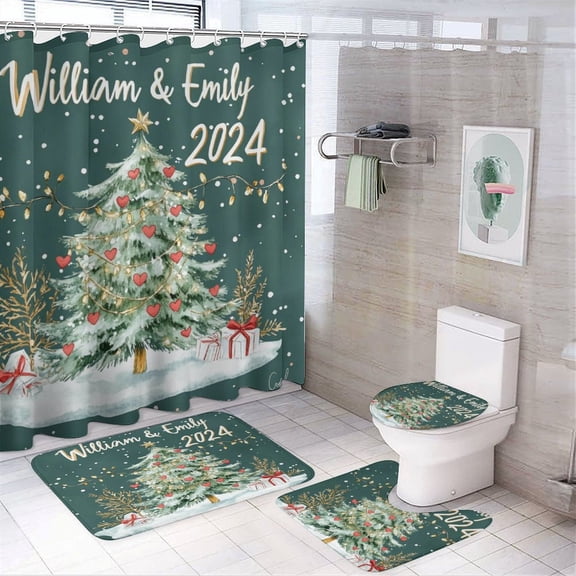 Personalized Couples Name Christmas Shower Curtain 4 Piece Set with Non-Slip Rugs Toilet Lid Cover and Bath Mat Wedding Married Waterproof Durable Bathroom Decor Shower for Bathroom Decor Set