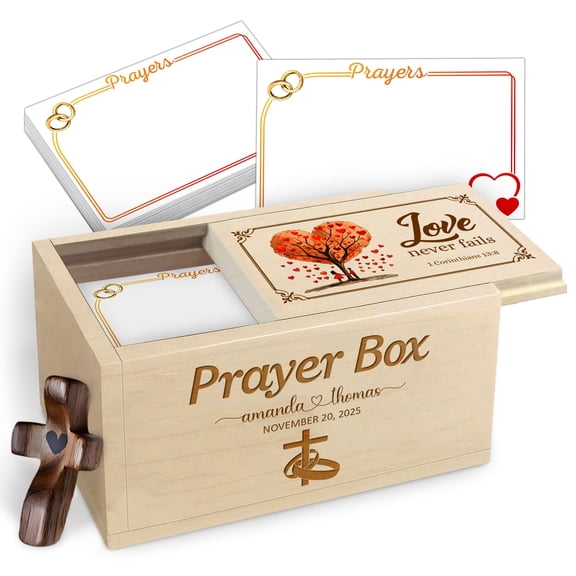 Personalized Couples Prayer Box with Custom Names and Date, 100 Prayer Cards and Wooden Cross, Love Never Fails Scripture Box, Wedding Anniversary Christian Gift
