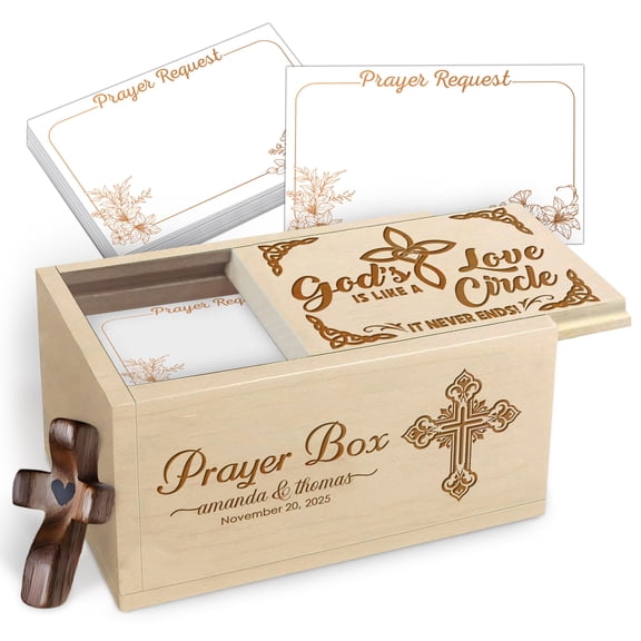 Personalized Couples Prayer Box with Custom Names and Date, 100 Prayer Request Cards and Wooden Cross, Gods Love Is Like a Circle It Never Ends Engraved Christian Gift