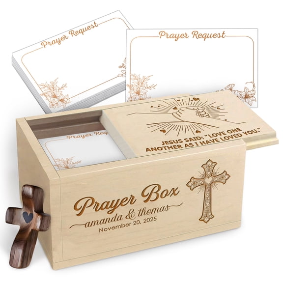 Personalized Couples Prayer Box with Custom Names and Date, 100 Prayer Request Cards and Wooden Cross, Jesus Said Love One Another As I Have Loved You Engraved Christian Gift
